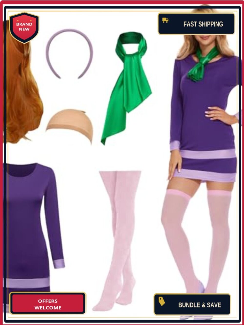 Purple Halloween Costume Dress with Scarf Headband Wig Socks